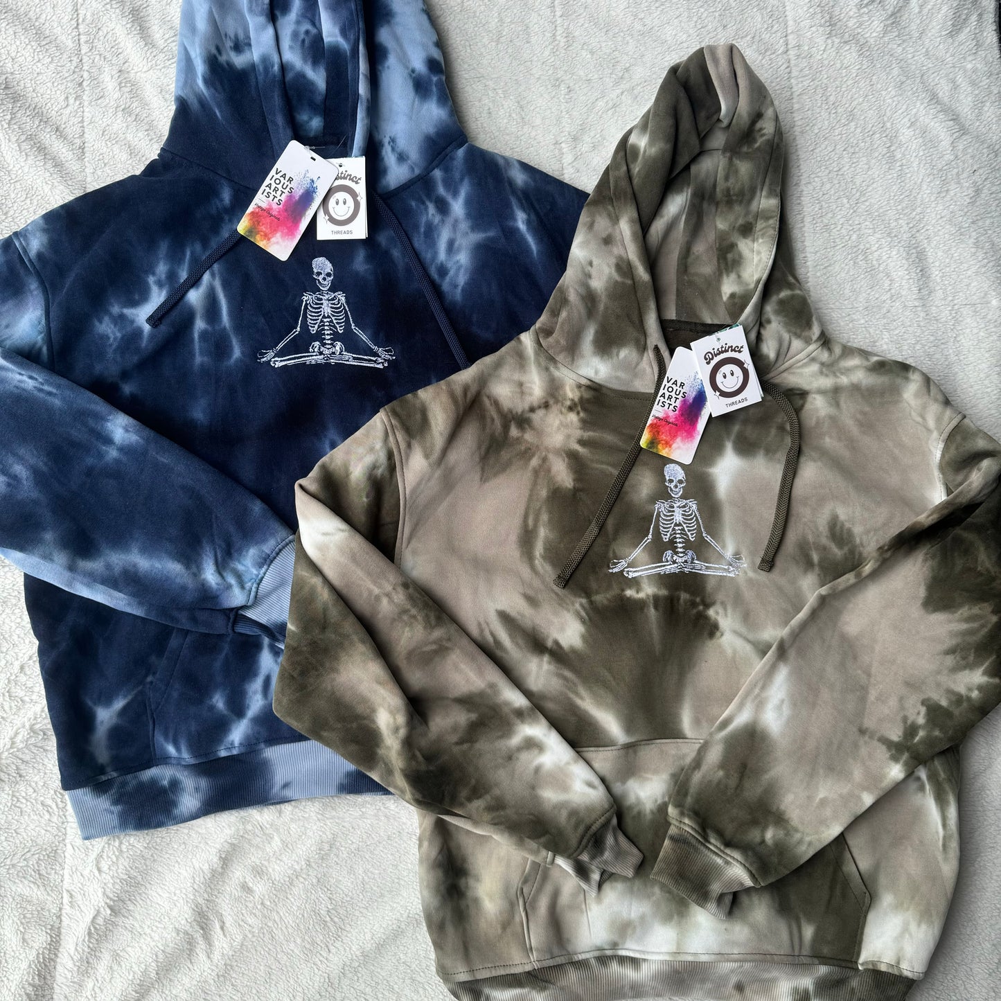 Meditating Skeleton Embroidered Tie-Dye Hoodie