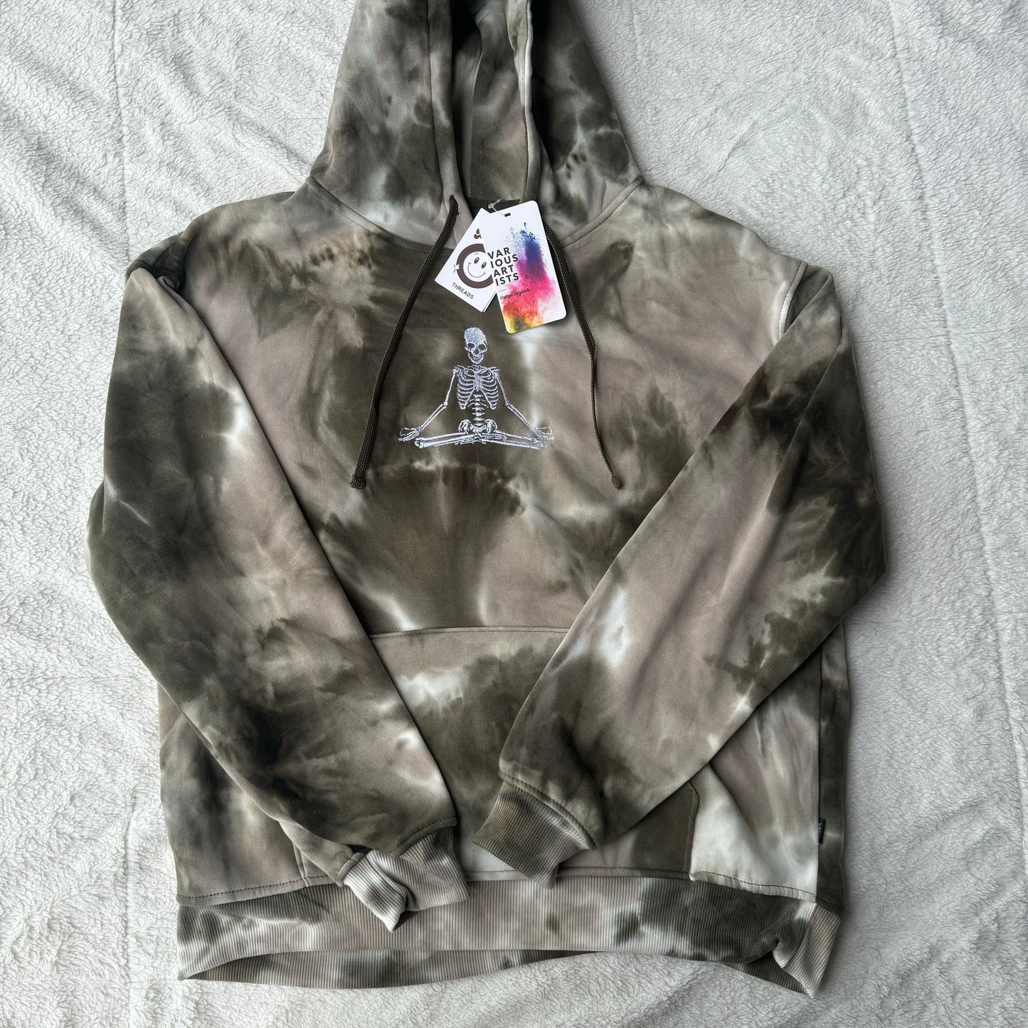 Meditating Skeleton Embroidered Tie-Dye Hoodie