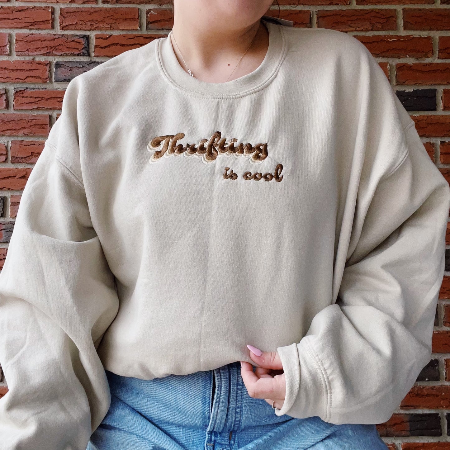 Thrifting Is Cool Embroidered Crewneck Sweatshirt