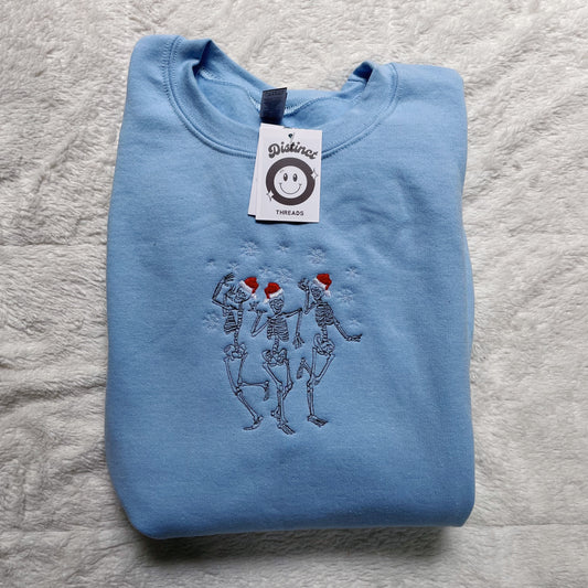 Dancing Christmas Skeletons Embroidered Crewneck Sweatshirt