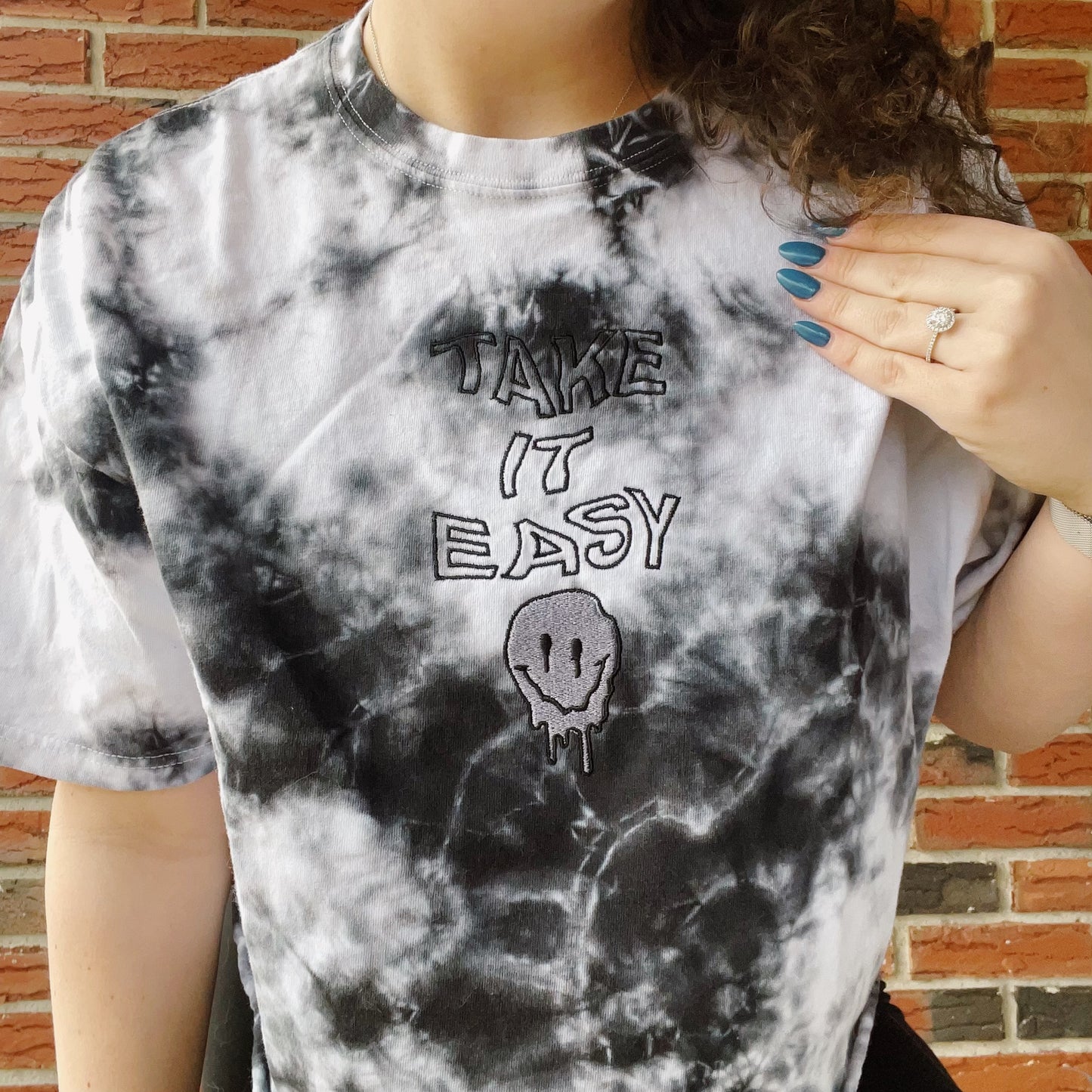 Take It Easy Chemistry Embroidered Cropped Tie-Dye Tee- Size Large